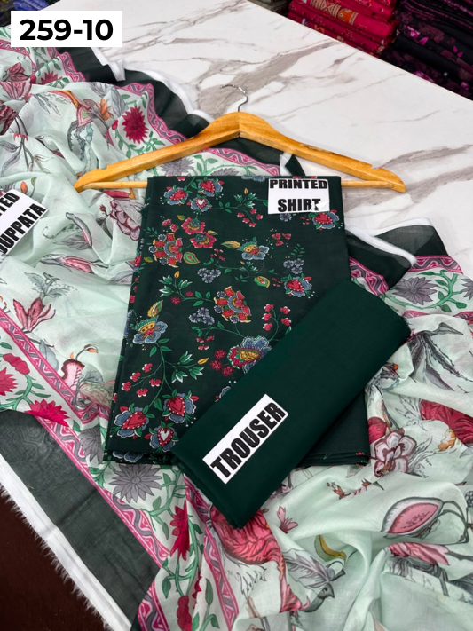 VOL 259 | DS 10 | SHANAYA | DIGITAL PRINTED 3PC LAWN SHIRT, DYED TROUSER, PRINTED VOIL DUPATTA