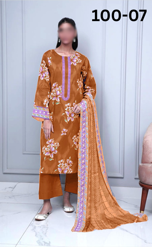 VOL 100 | DS 07 | DIGITAL PRINTED LAWN 3PC DYED TROUSER VOIL DUPATTA