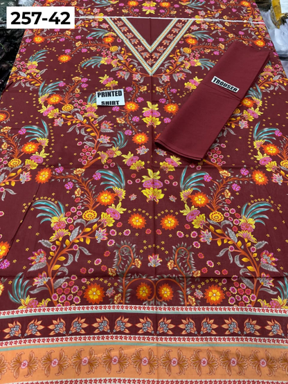 VOL 257 | DS 42 | PRINTED HIT CODES LAWN 2PC | DIGITAL PRINTED LAWN SHIRT, PLAIN COTTON TROUSER