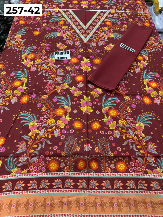 VOL 257 | DS 42 | PRINTED HIT CODES LAWN 2PC | DIGITAL PRINTED LAWN SHIRT, PLAIN COTTON TROUSER