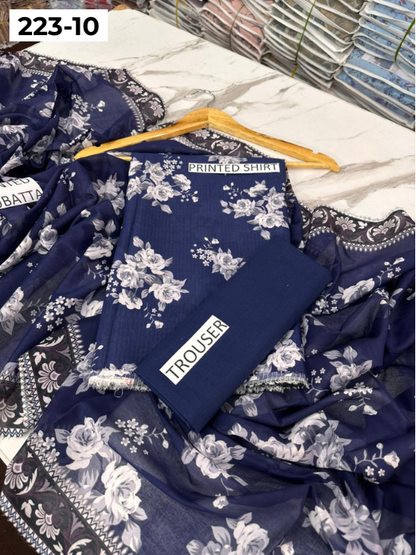 VOL 223 | DS 10 | SAPPHIRE LAWN | DIGITAL PRINTED BANADORA LAWN SHIRT PLAIN TROUSER VOIL LAWN DUPATTA