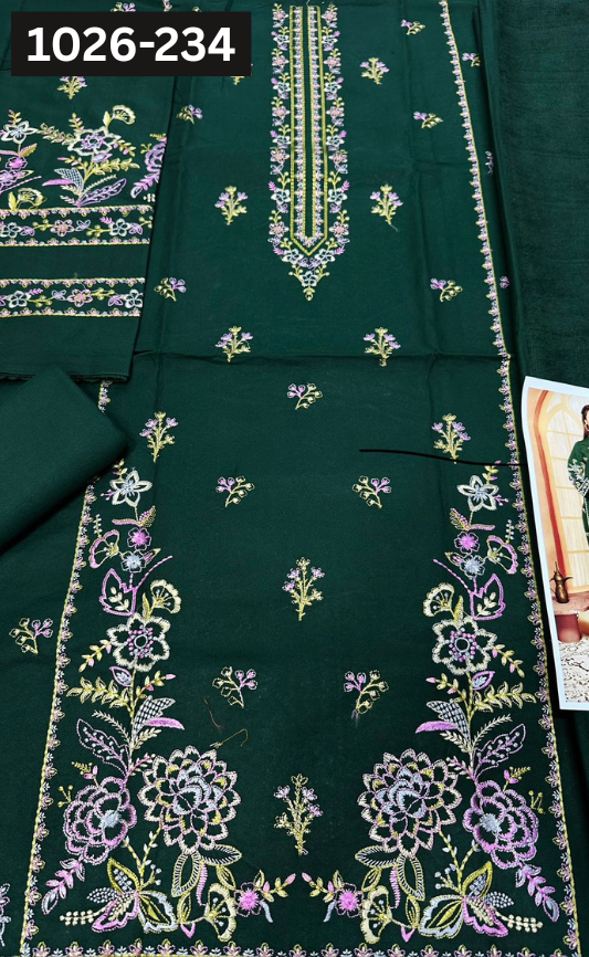 VOL 1026 | DS 234 | DHANAK DYED  EMBROIDERED 3PC DHANAK VELVET SHAWL