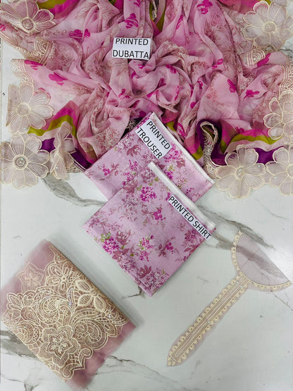 VOL 209 | DS 08 | LAWN 3PC PRINTED LAWN SHIRT ALONG WITH EMBROIDERED PATCHES PRINTED TROUSER EMBROIDERED DUPATTA