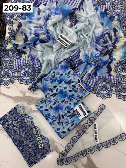 VOL 209 | DS 83 | LAWN 3PC PRINTED LAWN SHIRT ALONG WITH EMBROIDERED PATCHES PRINTED TROUSER EMBROIDERED DUPATTA