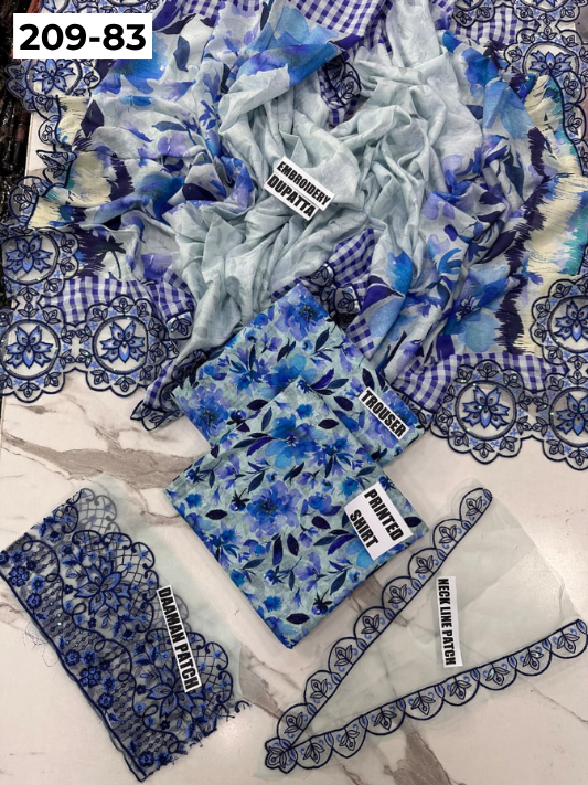 VOL 209 | DS 83 | LAWN 3PC PRINTED LAWN SHIRT ALONG WITH EMBROIDERED PATCHES PRINTED TROUSER EMBROIDERED DUPATTA