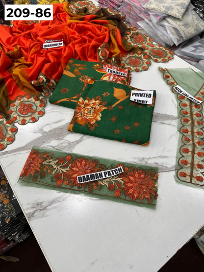 VOL 209 | DS 86 | LAWN 3PC PRINTED LAWN SHIRT ALONG WITH EMBROIDERED PATCHES PRINTED TROUSER EMBROIDERED DUPATTA