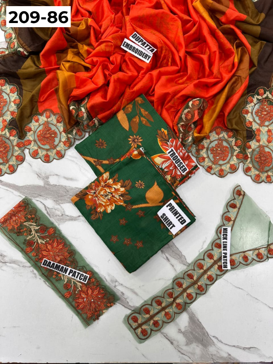 VOL 209 | DS 86 | LAWN 3PC PRINTED LAWN SHIRT ALONG WITH EMBROIDERED PATCHES PRINTED TROUSER EMBROIDERED DUPATTA