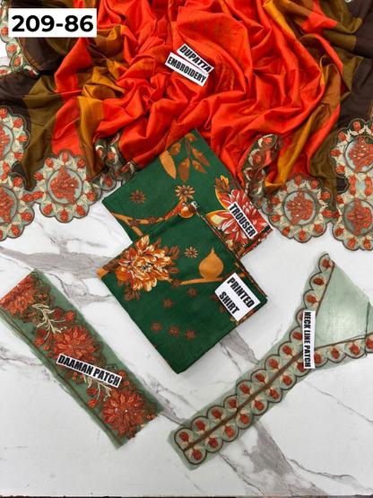 VOL 209 | DS 86 | LAWN 3PC PRINTED LAWN SHIRT ALONG WITH EMBROIDERED PATCHES PRINTED TROUSER EMBROIDERED DUPATTA