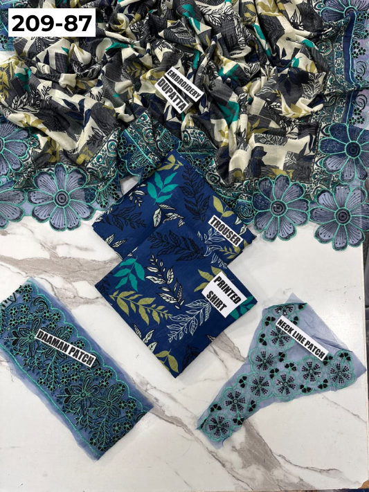 VOL 209 | DS 87 | LAWN 3PC PRINTED LAWN SHIRT ALONG WITH EMBROIDERED PATCHES PRINTED TROUSER EMBROIDERED DUPATTA