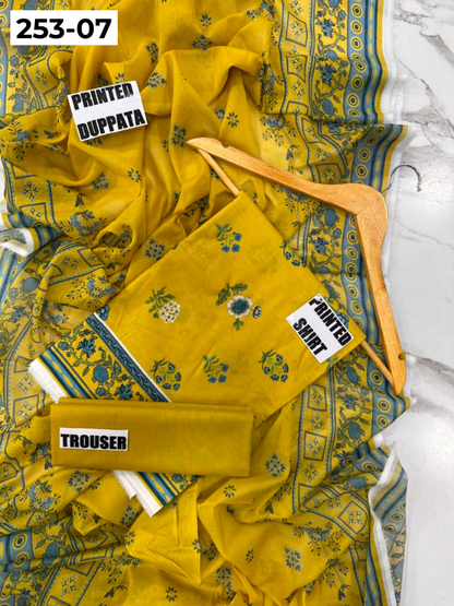 VOL 253 | DS 07 | GULNAAR | DIGITAL PRINTED 3PC LAWN SHIRT, DYED TROUSER, PRINTED VOIL DUPATTA