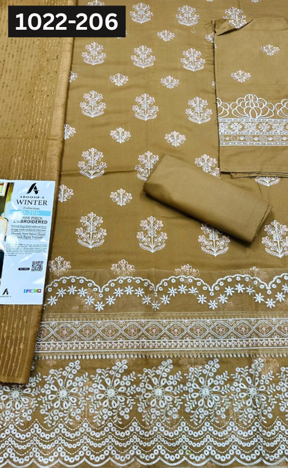 VOL 1022 | DS 206 | DHANAK DYED  EMBROIDERED 3PC DHANAK VELVET SHAWL