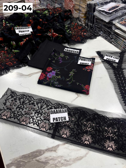 VOL 209 | DS 04 | LAWN 3PC PRINTED LAWN SHIRT ALONG WITH EMBROIDERED PATCHES PRINTED TROUSER EMBROIDERED DUPATTA