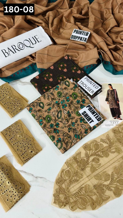 VOL 180 | DS 08 | DIGITAL PRINTED KHADDAR 3PC | EMBROIDERED PATCHES | KHADDAR DUPATTA