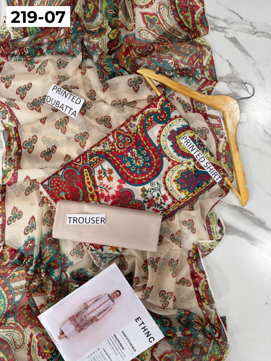 VOL 219 | DS 07 | ETHNC LAWN 3PC | DIGITAL PRINTED BANADORA LAWN SHIRT PLAIN TROUSER BAMBER CHIFFON DUPATTA