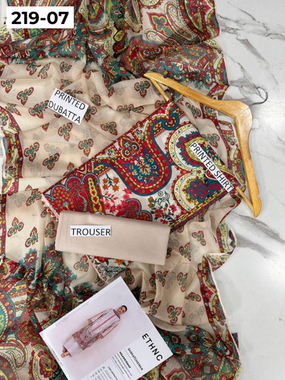 VOL 219 | DS 07 | ETHNC LAWN 3PC | DIGITAL PRINTED BANADORA LAWN SHIRT PLAIN TROUSER BAMBER CHIFFON DUPATTA