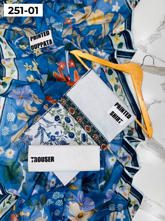 VOL 251 | DS 01 | Khaas | DIGITAL PRINTED 3PC LAWN SHIRT, DYED TROUSER, PRINTED VOIL DUPATTA