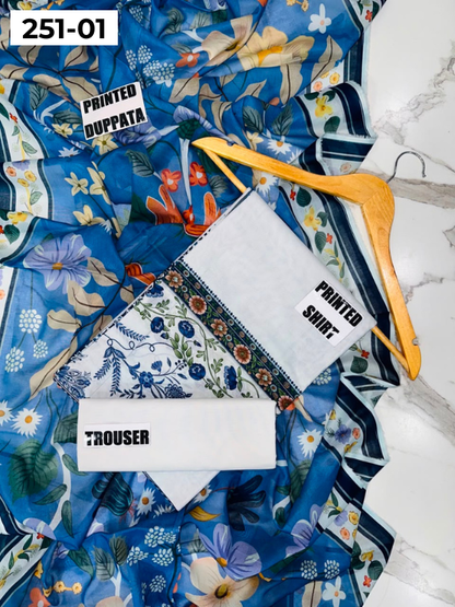 VOL 251 | DS 01 | Khaas | DIGITAL PRINTED 3PC LAWN SHIRT, DYED TROUSER, PRINTED VOIL DUPATTA