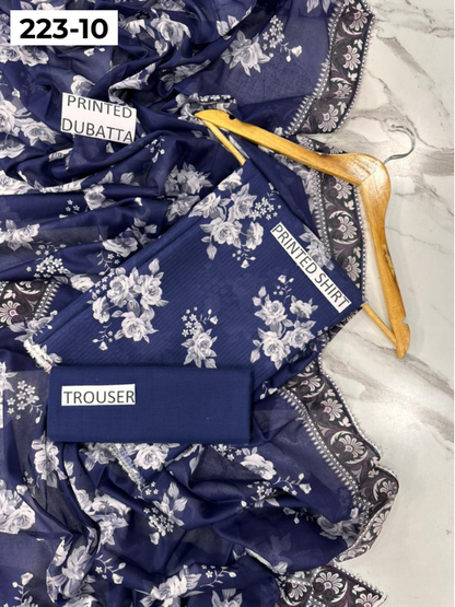 VOL 223 | DS 10 | SAPPHIRE LAWN | DIGITAL PRINTED BANADORA LAWN SHIRT PLAIN TROUSER VOIL LAWN DUPATTA