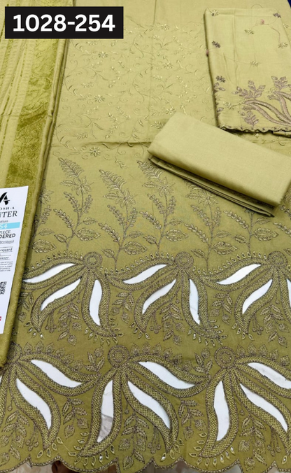VOL 1028 | DS 254 | DHANAK DYED  EMBROIDERED 3PC DHANAK JACQUARD VELVET SHAWL