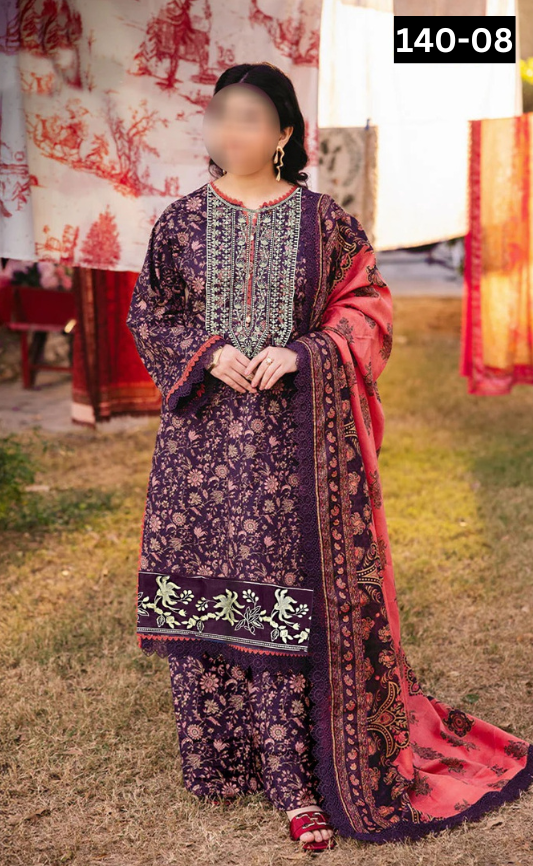 VOL 140 | DS 08 | DIGITAL PRINTED BANADORA LAWN 3PC | VOIL LAWN DUPATTA | EMBROIDERED ORAGANZA PATCHES