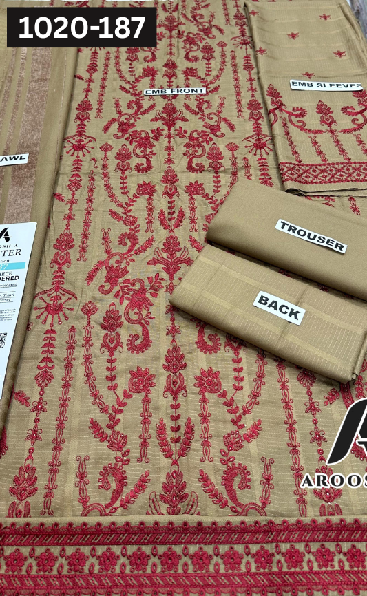 VOL 1020 | DS 187 | DHANAK DYED  EMBROIDERED 3PC DHANAK VELVET SHAWL