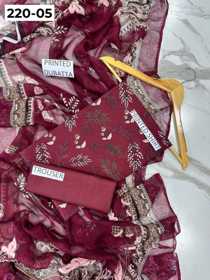 VOL 220 | DS 05 | BAROQUE LAWN 3PC | DIGITAL PRINTED BANADORA LAWN SHIRT PLAIN TROUSER BAMBER CHIFFON DUPATTA