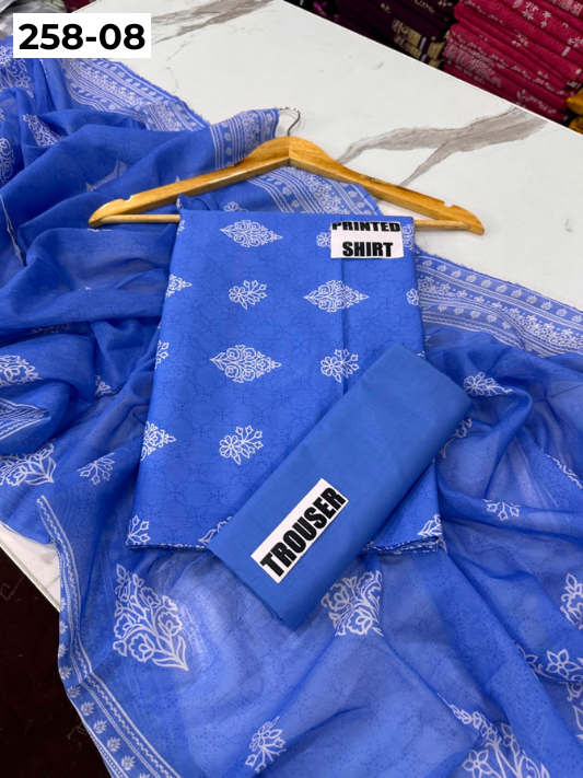 VOL 258 | DS 08 | GulBANO | DIGITAL PRINTED 3PC LAWN SHIRT, DYED TROUSER, PRINTED VOIL DUPATTA
