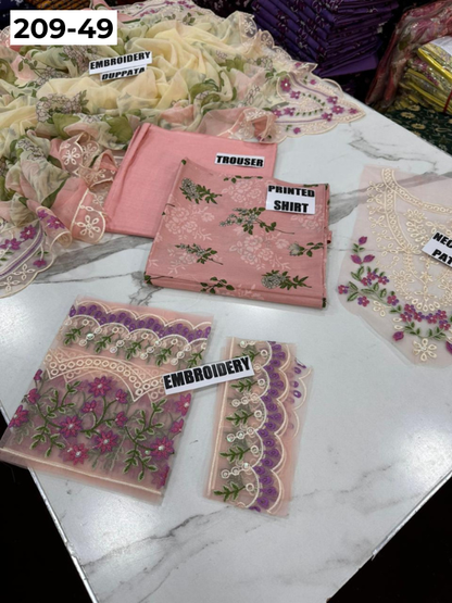 VOL 209 | DS 49 | LAWN 3PC PRINTED LAWN SHIRT ALONG WITH EMBROIDERED PATCHES PRINTED TROUSER EMBROIDERED DUPATTA