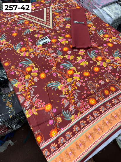 VOL 257 | DS 42 | PRINTED HIT CODES LAWN 2PC | DIGITAL PRINTED LAWN SHIRT, PLAIN COTTON TROUSER