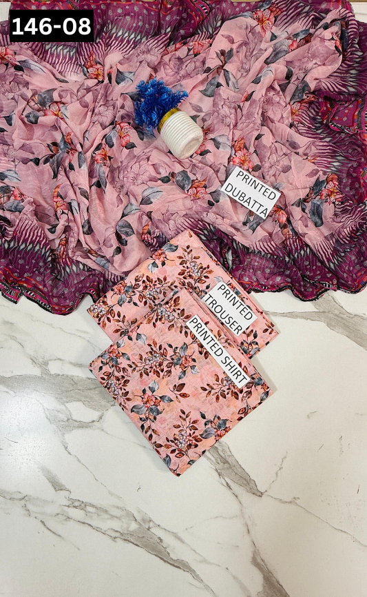 VOL 146 | DS 08 | DIGITAL PRINTED BANADORA LAWN 3PC BAMBER CHIFFON DUPATTA