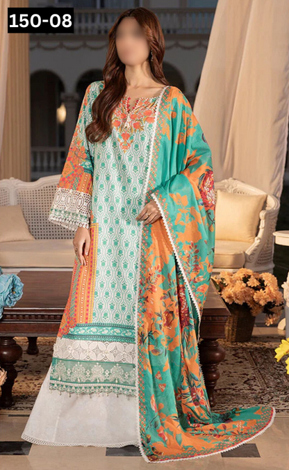 VOL 150 | DS 08 | DIGITAL PRINTED LINEN 3PC LINEN DUPATTA