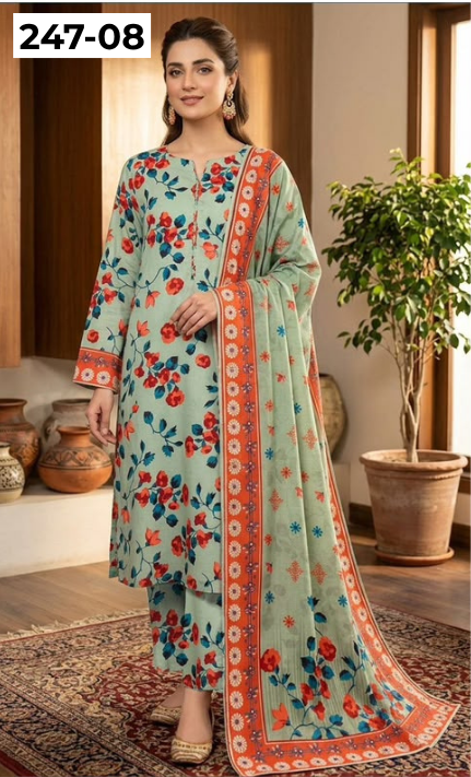 VOL 247 | DS 08 | DIGITAL PRINTED LAWN THREE PIECES VOIL LAWN DUPATTA