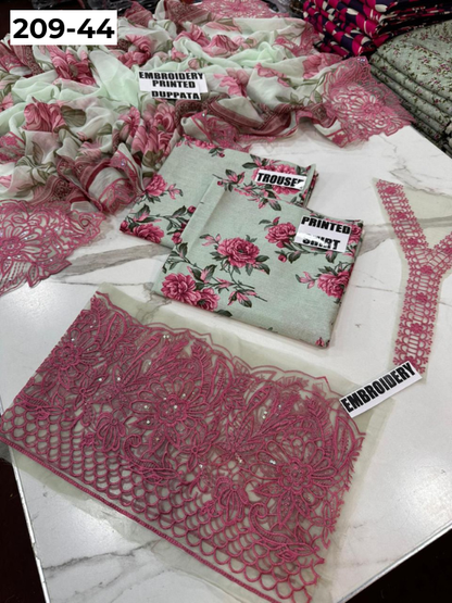 VOL 209 | DS 44 | LAWN 3PC PRINTED LAWN SHIRT ALONG WITH EMBROIDERED PATCHES PRINTED TROUSER EMBROIDERED DUPATTA