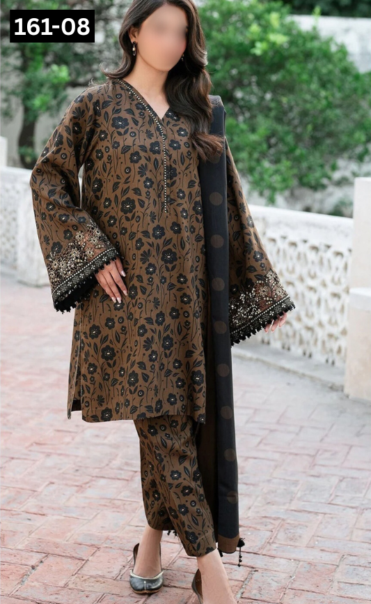 VOL 161 | DS 08 | DIGITAL PRINTED KHADDAR 3PC ZARI KHADDAR DUPATTA