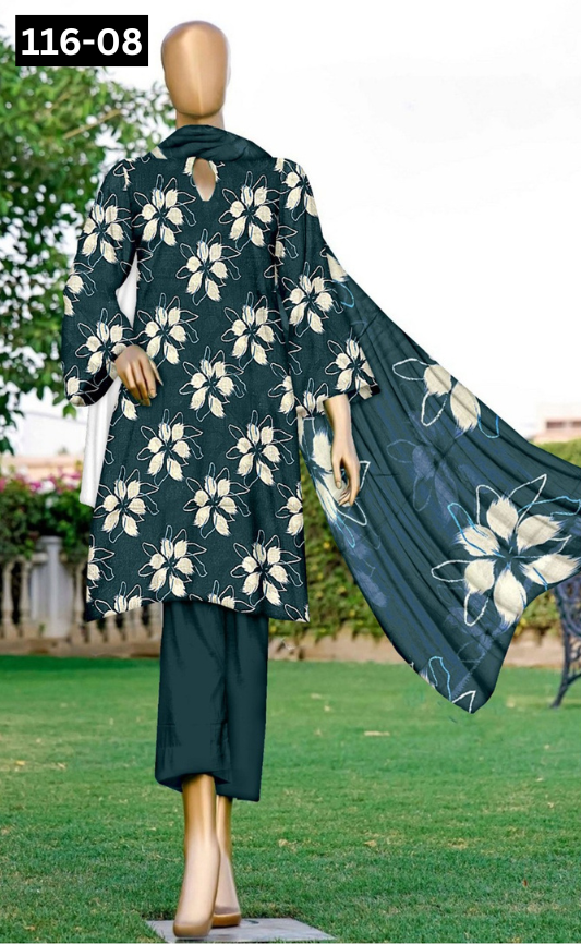VOL 116 | DS 08 | DIGITAL PRINTED LAWN 3PC DYED TROUSER VOIL LAWN DUPATTA