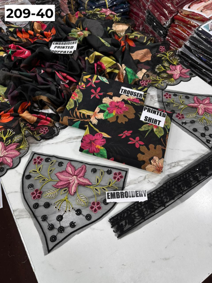 VOL 209 | DS 40 | LAWN 3PC PRINTED LAWN SHIRT ALONG WITH EMBROIDERED PATCHES PRINTED TROUSER EMBROIDERED DUPATTA