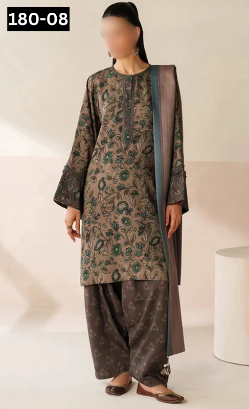 VOL 180 | DS 08 | DIGITAL PRINTED KHADDAR 3PC | EMBROIDERED PATCHES | KHADDAR DUPATTA