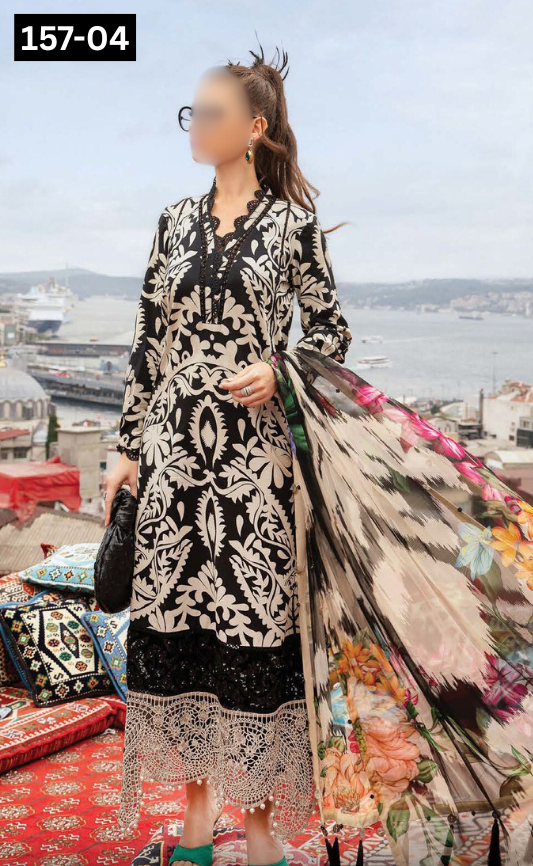 VOL 157 | DS 04 | DIGITAL PRINTED LINEN 3PC | LINEN DUPATTA | EMBROIDERED ORAGANZA PATCHES