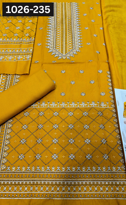 VOL 1026 | DS 235 | DHANAK DYED  EMBROIDERED 3PC DHANAK VELVET SHAWL