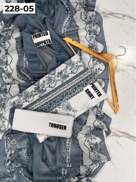 VOL 228 | DS 05 | DIGITAL PRINTED LAWN 3PC PRINTED LAWN SHIRT PLAIN TROUSER PRINTED VOIL DUPATTA