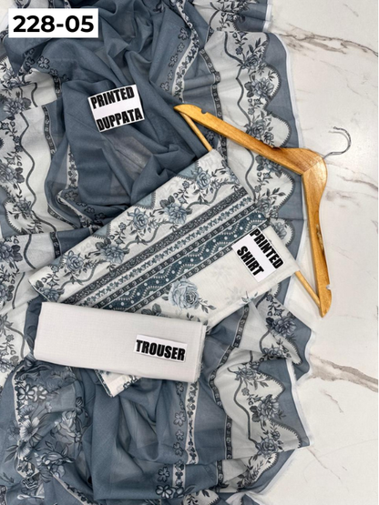 VOL 228 | DS 05 | DIGITAL PRINTED LAWN 3PC PRINTED LAWN SHIRT PLAIN TROUSER PRINTED VOIL DUPATTA