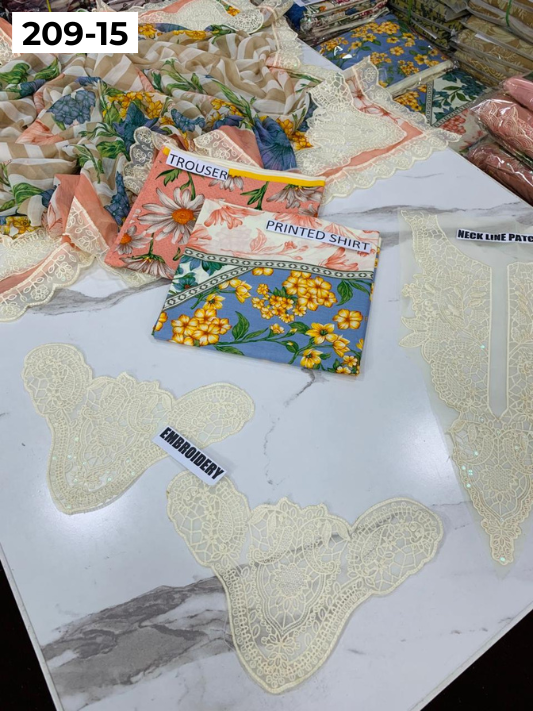 VOL 209 | DS 15 | LAWN 3PC PRINTED LAWN SHIRT ALONG WITH EMBROIDERED PATCHES PRINTED TROUSER EMBROIDERED DUPATTA