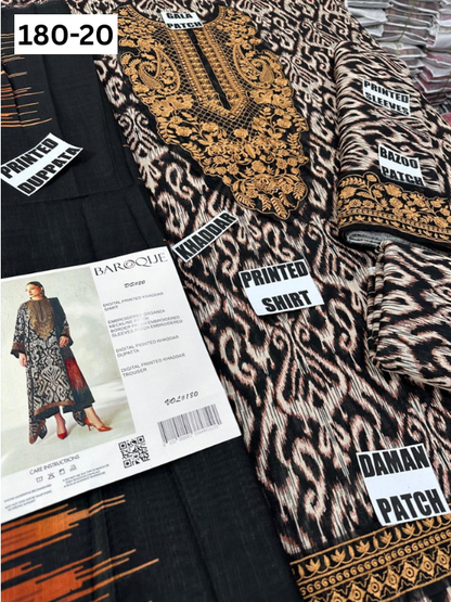 VOL 180 | DS 20 | DIGITAL PRINTED KHADDAR 3PC | EMBROIDERED PATCHES | KHADDAR DUPATTA
