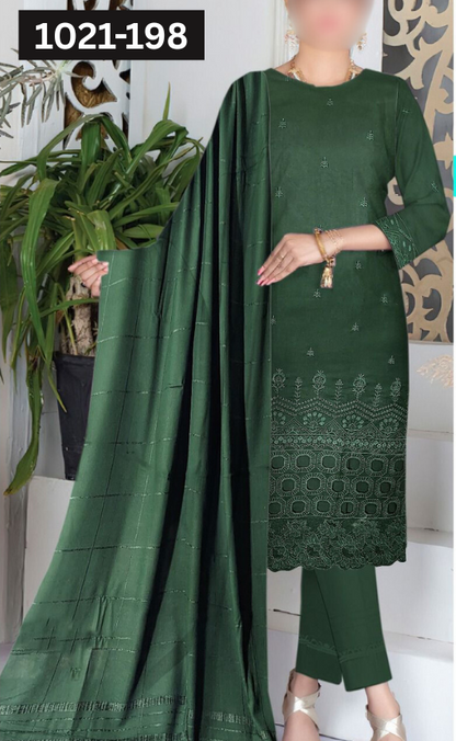 VOL 1021 | DS 198 | DHANAK DYED  EMBROIDERED 3PC DHANAK VELVET SHAWL