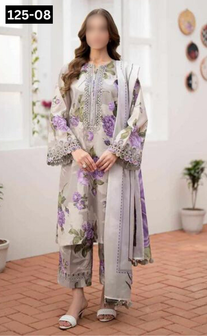 VOL 125 | DS 08 | DIGITAL PRINTED BANADORA LAWN 3PC VOIL LAWN DUPATTA
