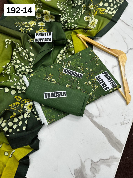 VOL 192 | DS 14 | DIGITAL PRINTED KHADDAR 3PC DYED TROUSER