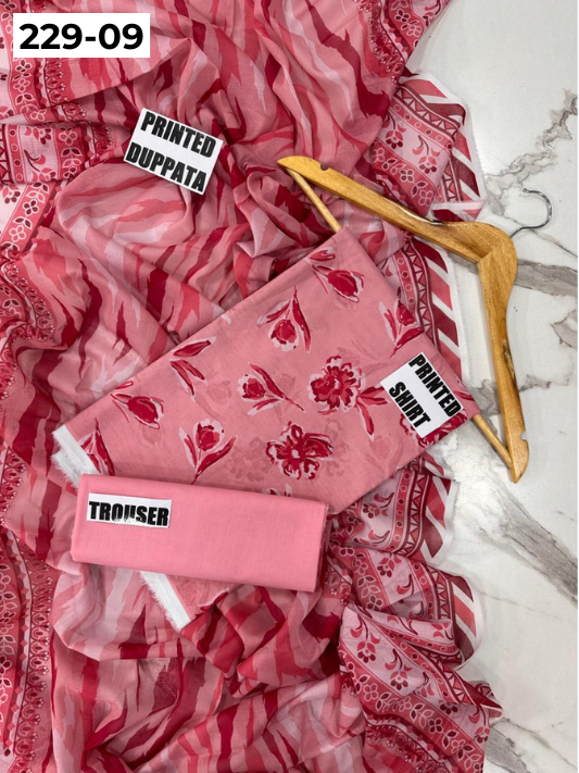 VOL 229 | DS 09 | DIGITAL PRINTED LAWN 3PC PRINTED LAWN SHIRT PLAIN TROUSER PRINTED VOIL DUPATTA