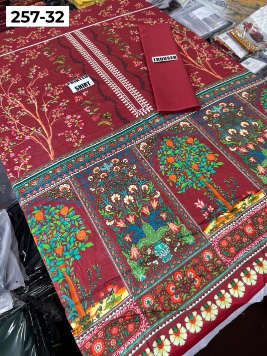 VOL 257 | DS 32 | PRINTED HIT CODES LAWN 2PC | DIGITAL PRINTED LAWN SHIRT, PLAIN COTTON TROUSER