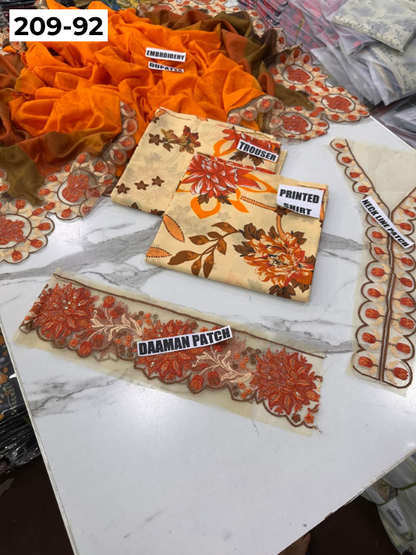 VOL 209 | DS 92 | LAWN 3PC PRINTED LAWN SHIRT ALONG WITH EMBROIDERED PATCHES PRINTED TROUSER EMBROIDERED DUPATTA