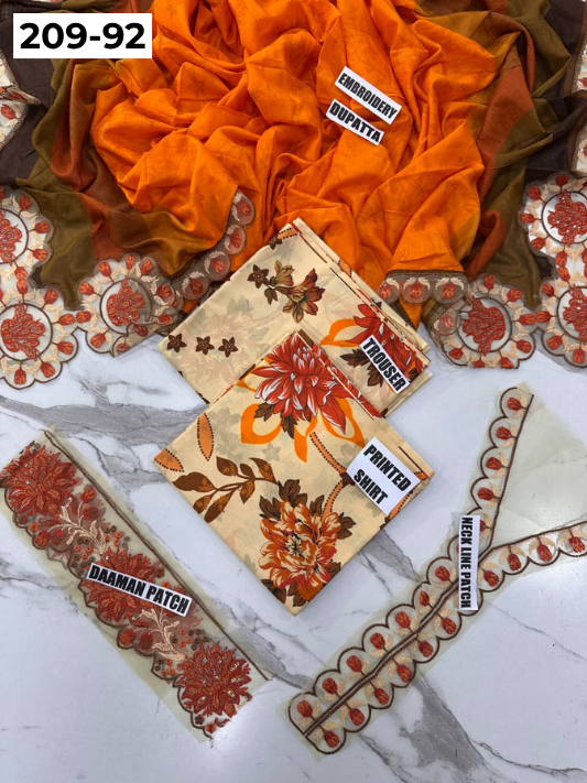 VOL 209 | DS 92 | LAWN 3PC PRINTED LAWN SHIRT ALONG WITH EMBROIDERED PATCHES PRINTED TROUSER EMBROIDERED DUPATTA